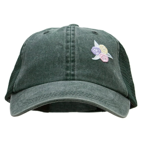 Pastel Rose Bud Cluster Patched Washed Trucker Cap - Dark Green OSFM