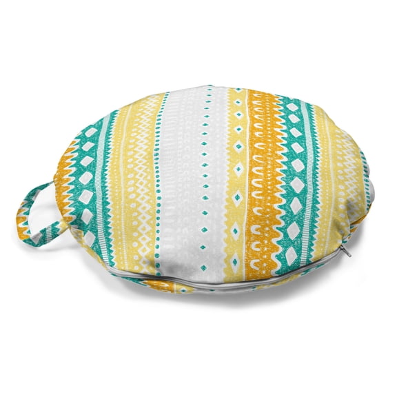 Pastel Round Floor Cushion with Handle, Hand Drawing Sketch of Motifs in Grunge Pattern Tribal Themed Pattern, Pillow for Living Room & Dorms, 18" Round, Teal Orange Pale Yellow, by Ambesonne