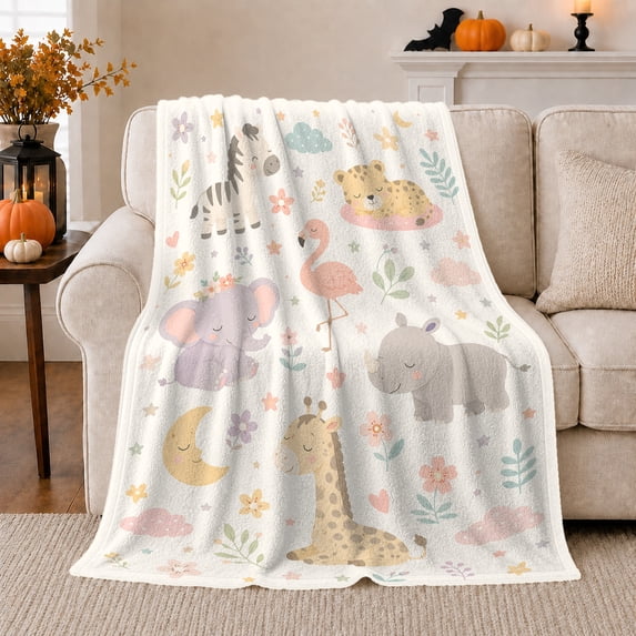 Pastel Safari Animals with Moon and Flowers, Dreamy Whimsical Style for Animal Lovers, Soft Nursery Wildlife and Baby Shower Gift, Cozy Flannel Blanket for Nursery and Playroom, Home Decor