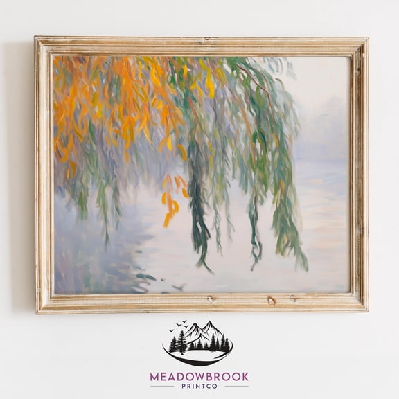 Pastel Sailboat Poster Minimalist Coastal Seascape Foggy Morning Weeping Willows Serene Autumn Scene, UNFRAMED Size 24x24