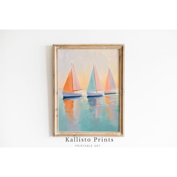 Pastel Sailboats , Nautical Wall Art, Coastal Seascape , Minimalist Ocean Decor 1026, Size 8x12 UNFFRAMED F03.1.6l2047