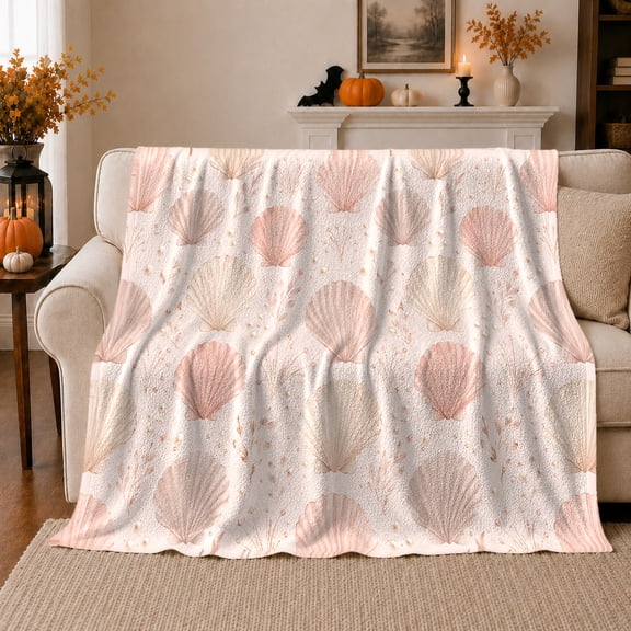Pastel Scallop Shells With Delicate Coral Branches, Soft Flannel Blanket with Pastel Coastal Watercolor Print, Housewarming Gift and Home Decor for Bedroom and Living Room