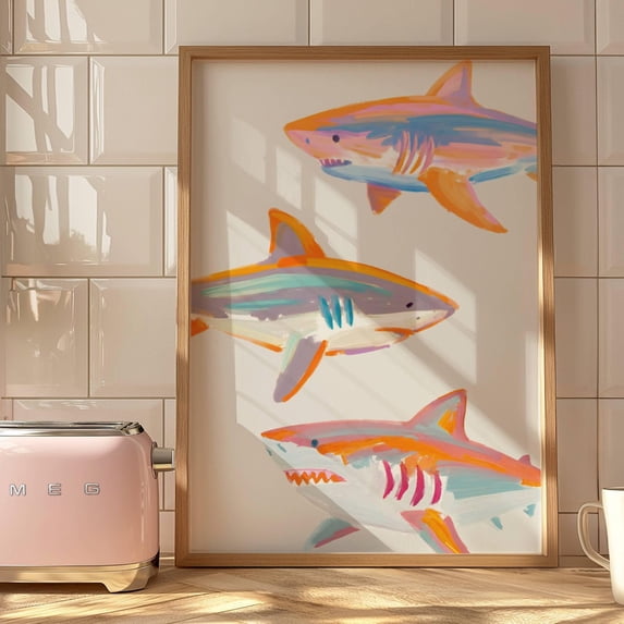Pastel Shark Wall Art Print, Colorful Ocean Animal And Coastal Nursery ...