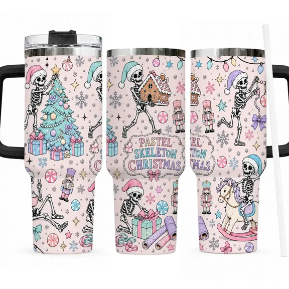 Pastel Skeleton Christmas 40oz Tumbler with Handle and Straw, Cute Pink Christmas Skeleton Cup, Nutcracker Gingerbread Holiday Travel Mug, Christmas Gift