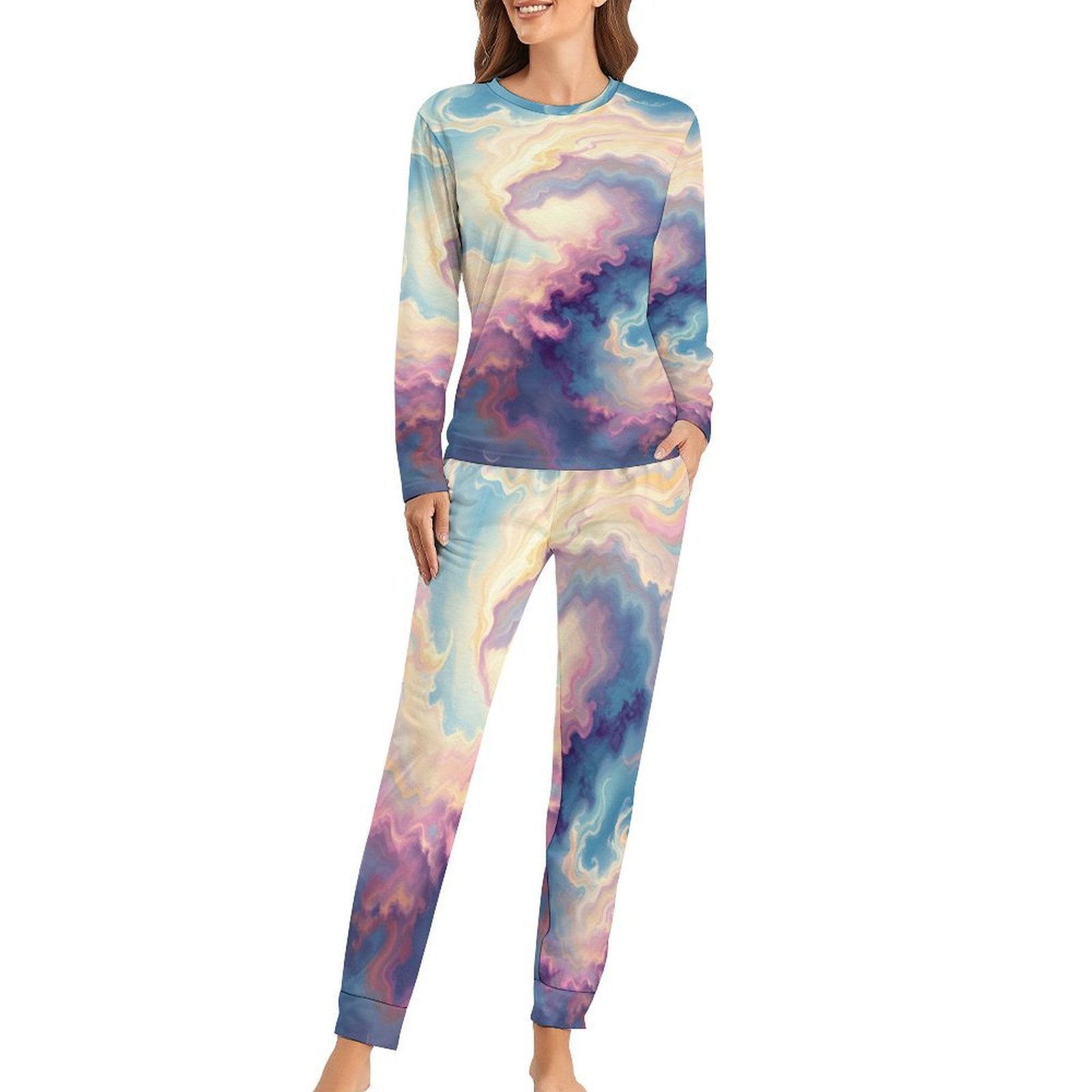 Pastel Sky Swirls Fantasy Pajamas Woman Two Piece Design Long Sleeves ...
