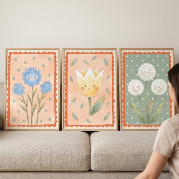 Pastel Smiley Face Flower Wall Art Set of 3 Watercolor Nursery Decor Whimsical Floral Prints Cute Boho Botanical Poster Kids Room Art Set 3