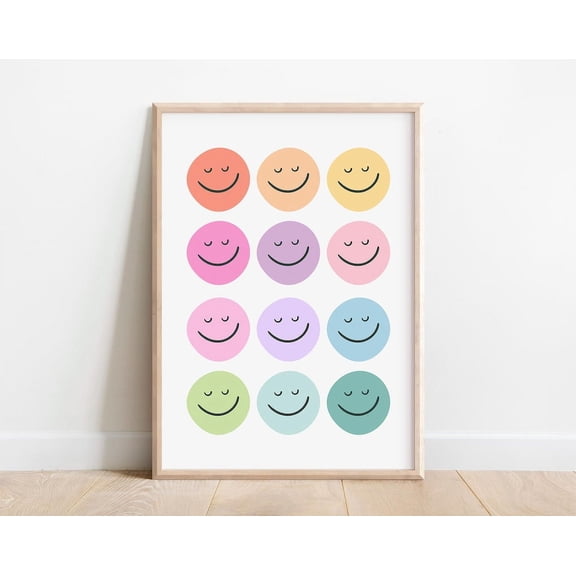 Pastel Smiley Face Print Kids Wall Art Rainbow Playroom Decor Colorful Retro Poster Pretty Girls Bedroom Happy Positive Vibe Cool Baby Decor For Living Room Bedroom