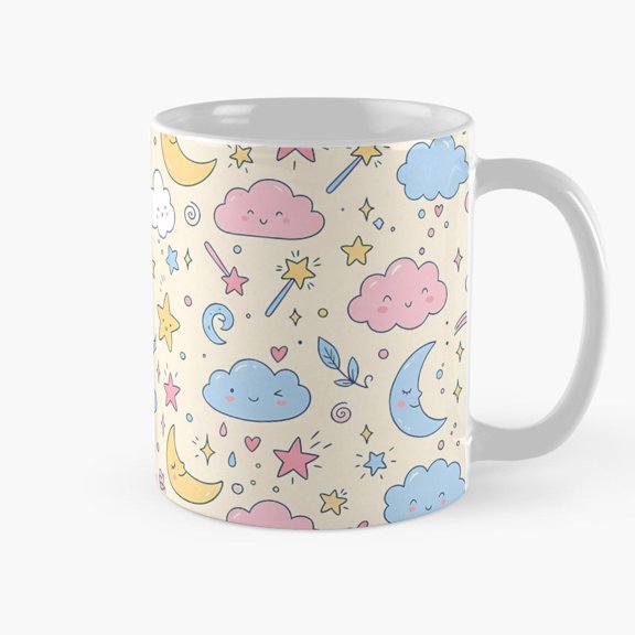 Pastel Smiling Clouds, Moons and Stars 11oz Ceramic Mug