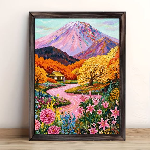 Pastel Snow Capped Mountain Autumn Foliage Traditional Cabin Lily Dahlia Floral Framed Wall Art, Solid Wood Frame Dreamy Scenic Nature Art Print, Warm Wall Decor for Sunroom Guest Room, 12x16in