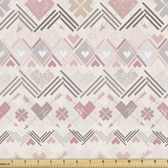 Ambesonne Pastel Fabric by the Yard Upholstery, Aztec Hearts Geometric, 1 Yard, Multicolor