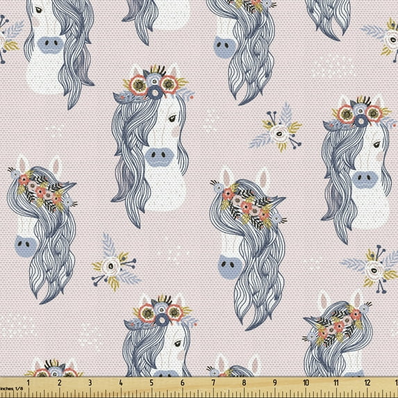 Ambesonne Pastel Fabric by the Yard Upholstery, Horses and Flowers on Head, 10 Yards, Rose and Slate Blue