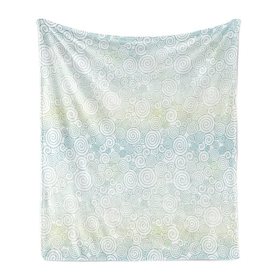 Pastel Soft Flannel Fleece Blanket, Blue Pastel Gradient Abstract Swirl Hand-drawn Spirals in Random Alignment, Cozy Plush for Indoor and Outdoor Use, 50" x 60", Pale Blue Pale Green, by Ambesonne