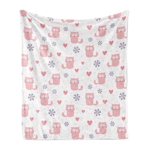 Pastel Soft Flannel Fleece Blanket, Childish Theme Cats Hearts and Flowers with Dots and Soft Pattern Print, Cozy Plush for Indoor and Outdoor Use, 50" x 60", Pastel Pink and Blush, by Ambesonne