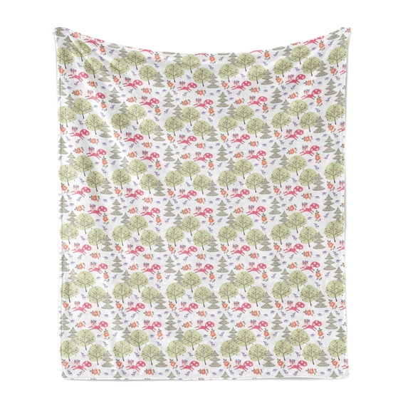 Pastel Soft Flannel Fleece Blanket, Soft Colorful Pattern with Foxes Trees Roses Birds and Floral Leaves at Tender Woods, Cozy Plush for Indoor and Outdoor Use, 50" x 60", Multicolor, by Ambesonne