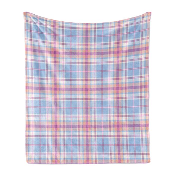 Pastel Soft Flannel Fleece Blanket, Old Fashioned Retro Style Classical Geometric Striped Plaid Inspired, Cozy Plush for Indoor and Outdoor Use, 50" x 60", Fuchsia Salmon Pale Blue, by Ambesonne