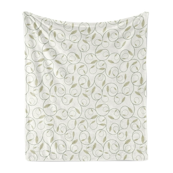 Pastel Soft Flannel Fleece Blanket, Scrolling Leafy Branches Floral Botanical Gardening Blossoms Motif Print, Cozy Plush for Indoor and Outdoor Use, 50" x 60", Pale Khaki and Ivory, by Ambesonne