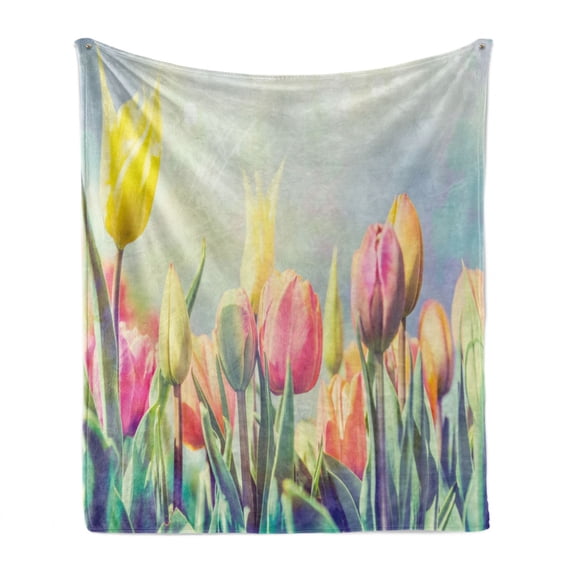 Pastel Soft Flannel Fleece Blanket, Tulips Flower Bed in Park Serene Landscape Happiness Fresh Spring Environment Image, Cozy Plush for Indoor and Outdoor Use, 50" x 60", Multicolor, by Ambesonne