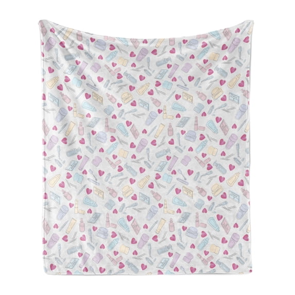 Pastel Soft Flannel Fleece Blanket, Various Cosmetics and Beauty Product Sketches with Pink Hearts Pattern, Cozy Plush for Indoor and Outdoor Use, 50" x 70", Pale Grey and Multicolor, by Ambesonne