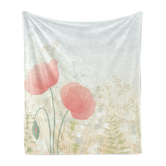 Pastel Soft Flannel Fleece Blanket, Wild Poppy Blooms with Herbs Twigs Leaves Grass Growth Nature Rural Morning Scenery, Cozy Plush for Indoor and Outdoor Use, 50" x 70", Multicolor, by Ambesonne