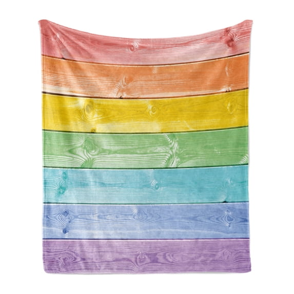 Pastel Soft Flannel Fleece Blanket, Wooden Planks in Rainbow Colors Rural Rustic Home Cottage Theme Summer Shades Print, Cozy Plush for Indoor and Outdoor Use, 70" x 90", Multicolor, by Ambesonne