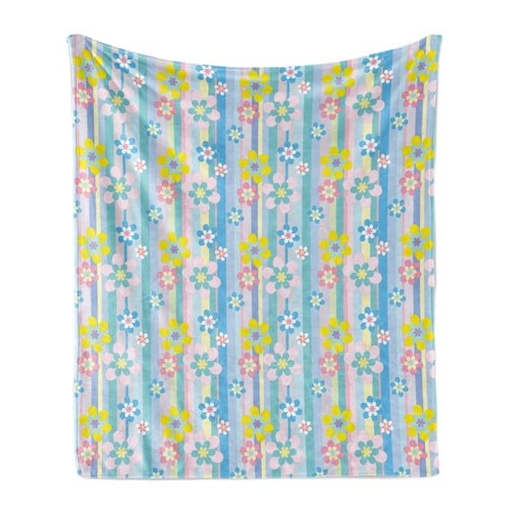 Pastel Soft Flannel Fleece Throw Blanket, Abstract Spring Season Themed Graphic Daisies on Vertical Stripes Soft Modern, Cozy Plush for Indoor and Outdoor Use, 60" x 80", Multicolor, by Ambesonne