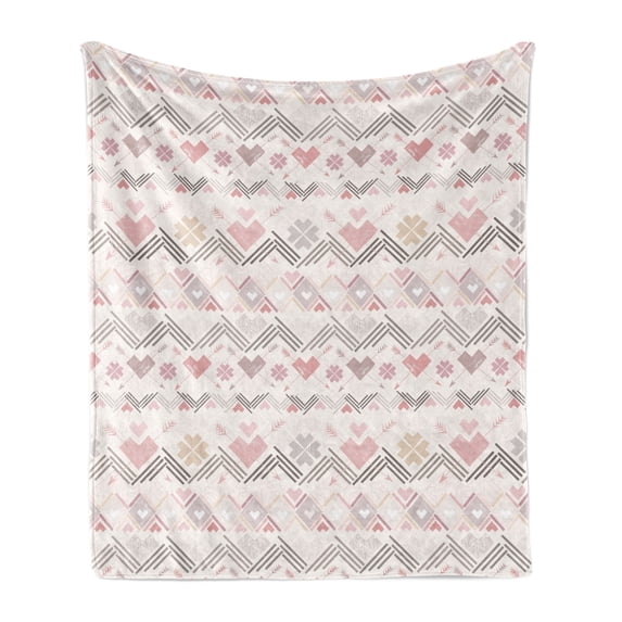 Pastel Soft Flannel Fleece Throw Blanket, Aztec Style Pattern with Hearts Geometric Vintage Romantic Grunge, Cozy Plush for Indoor and Outdoor Use, 50" x 60", Multicolor, by Ambesonne