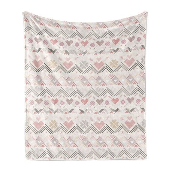 Pastel Soft Flannel Fleece Throw Blanket, Aztec Style Pattern with Hearts Geometric Vintage Romantic Grunge, Cozy Plush for Indoor and Outdoor Use, 60" x 80", Multicolor, by Ambesonne