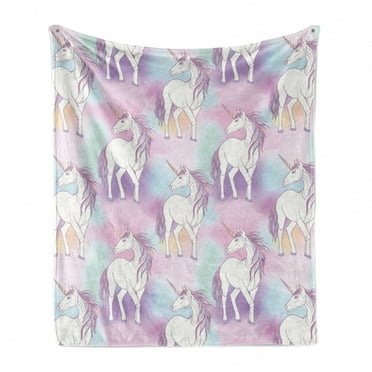 Pastel Soft Flannel Fleece Throw Blanket, Childish Theme Colorful Concept Along Fairy Unicorns Images in Cartoon Style, Cozy Plush for Indoor and Outdoor Use, 50" x 60", Multicolor, by Ambesonne