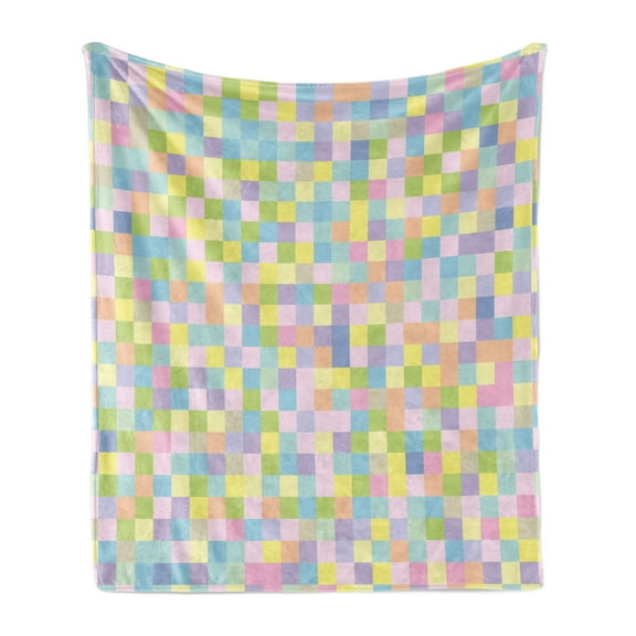 Pastel Soft Flannel Fleece Throw Blanket, Colorful Squares Pattern Checkered Mosaic Style Mottled Cubical Tile Grid Print, Cozy Plush for Indoor and Outdoor Use, 50" x 60", Multicolor, by Ambesonne