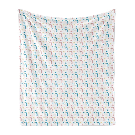 Pastel Soft Flannel Fleece Throw Blanket, Fairytale Character Cartoon Unicorns with Colorful Mane Hair and Stars, Cozy Plush for Indoor and Outdoor Use, 50" x 60", Blue Coral Yellow, by Ambesonne