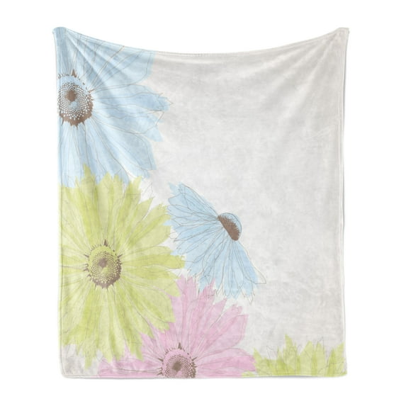 Pastel Soft Flannel Fleece Throw Blanket, Gerbera Daisies Chamomiles in Different Colors Spring Season Garden, Cozy Plush for Indoor and Outdoor Use, 50" x 60", Pale Green Pale Blue, by Ambesonne
