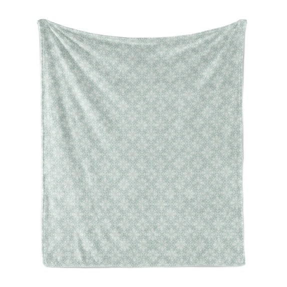 Pastel Soft Flannel Fleece Throw Blanket, Oriental Bohemian Swirly Flower Leaf Motif Traditional, Cozy Plush for Indoor and Outdoor Use, 70" x 90", Pale Sage Green and White, by Ambesonne
