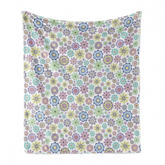 Pastel Soft Flannel Fleece Throw Blanket, Ornate Different Kinds of Flowers Colorful Flourish Vintage Field Meadow Yard, Cozy Plush for Indoor and Outdoor Use, 50" x 70", Multicolor, by Ambesonne