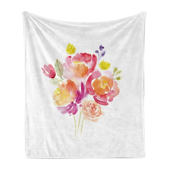 Pastel Soft Flannel Fleece Throw Blanket, Watercolor Bouquet of Roses Romantic Corsage Design Bridal Wedding Flora, Cozy Plush for Indoor and Outdoor Use, 60" x 80", Multicolor, by Ambesonne