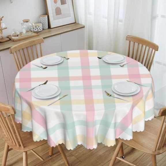 Pastel Soft Pink Mint Plaid Round Tablecloth Waterproof Oil Proof Spill Proof Table Cloth 70" for Camping, Dining, Indoor and Outdoor Table Cover