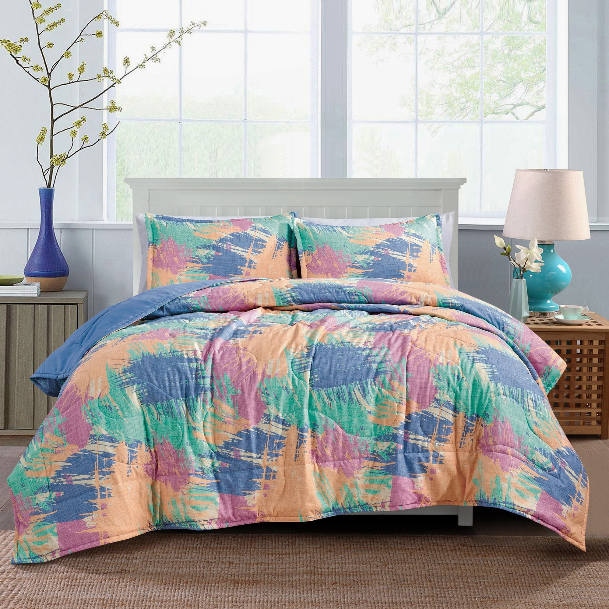 Pastel Splash Watercolor 3 Piece Reversible Bedspread Set,Queen