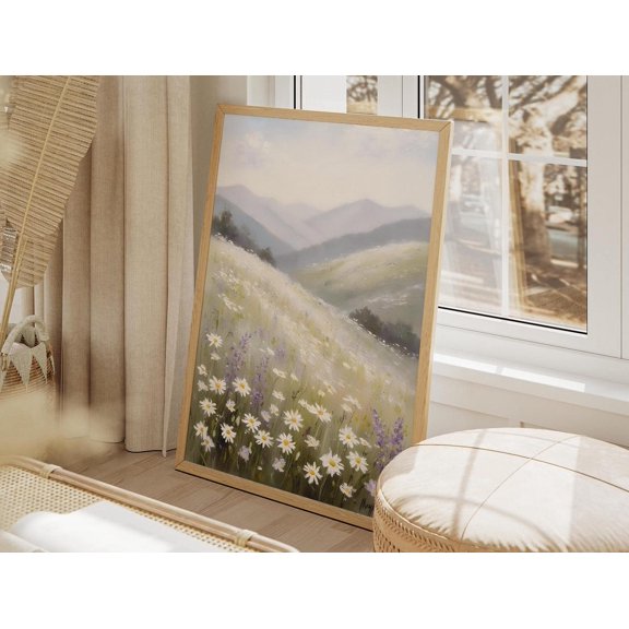 Pastel Spring Meadow : Aster & Lavender Wildflower Landscape, Stretched Canvas Size 16x24