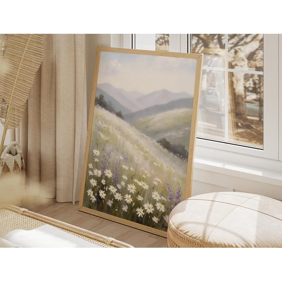 Pastel Spring Meadow : Aster & Lavender Wildflower Landscape, Unframed Poster Size 8x12