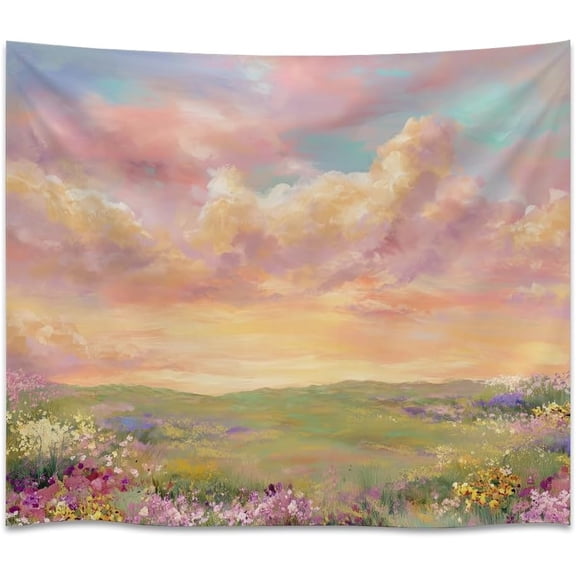 Pastel Spring Nature Art Wall Tapestry Vintage Watercolor Wildflower Clouds Print 3040 in White Wall Hanging Decor