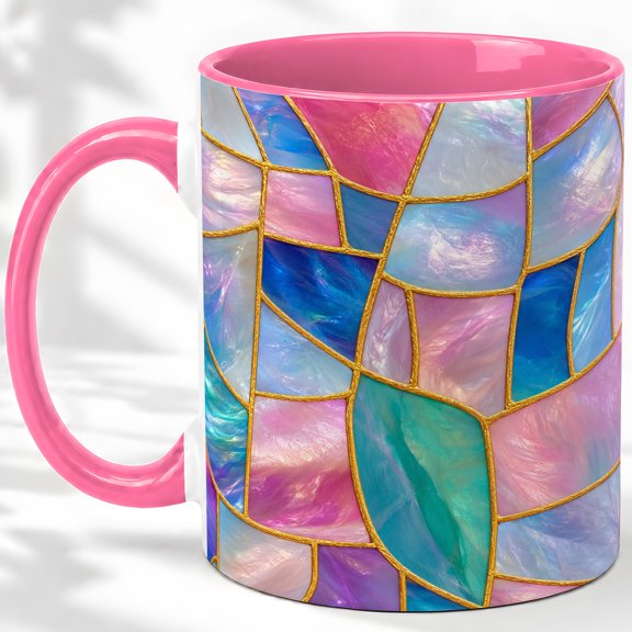 Pastel Stained Glass Mosaic Accent Mug, 11oz Ceramic Coffee Cup