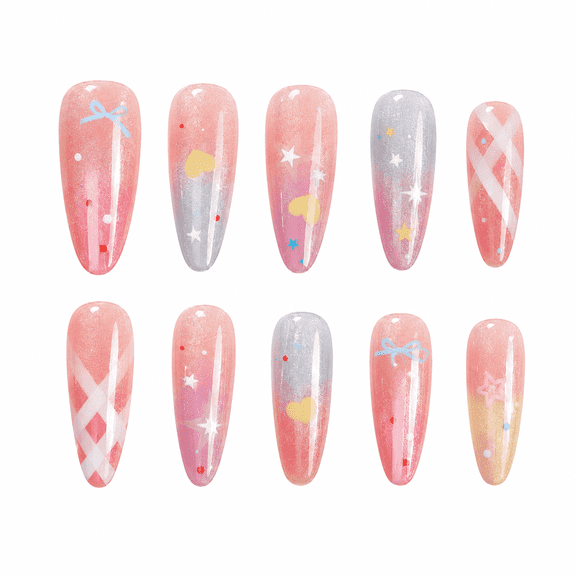 Pastel Star Press on Nails, Medium Almond Glossy Cat Eye Fake Nails with Ombre Detail, 30 Count