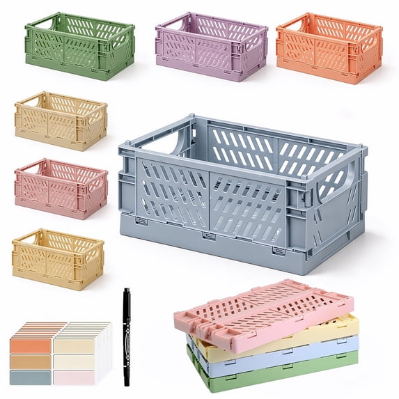 Pastel Storage Crates 6-Pack, Space-Saving Foldable Baskets for Office Classroom Bedroom with Label Sheets & Marker