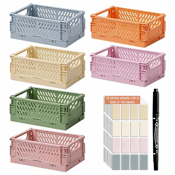 Pastel Storage Crates 6-Pack, Space-Saving Foldable Baskets for Office Classroom Bedroom with Label Sheets & Marker