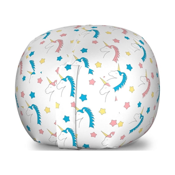 Pastel Storage Toy Bag Chair, Character Cartoon Unicorns with Colorful Mane Hair and Stars, Stuffed Animal Organizer Washable Bag, Small Size, Blue Coral Yellow, by Ambesonne