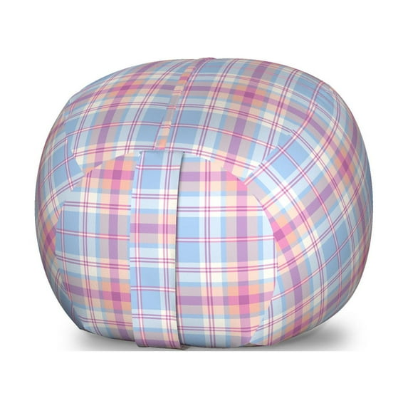 Pastel Storage Toy Bag Chair, Old Fashioned Retro Style Classical Geometric Striped Plaid Inspired, Stuffed Animal Organizer Washable Bag, Small Size, Fuchsia Salmon Pale Blue, by Ambesonne
