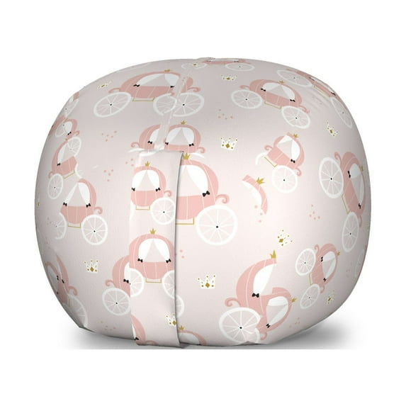 Pastel Storage Toy Bag Chair, Themed Carriage Fiction Shower Girls Cartoon Design, Stuffed Animal Organizer Washable Bag, Large Size, Pale Pink White, by Ambesonne