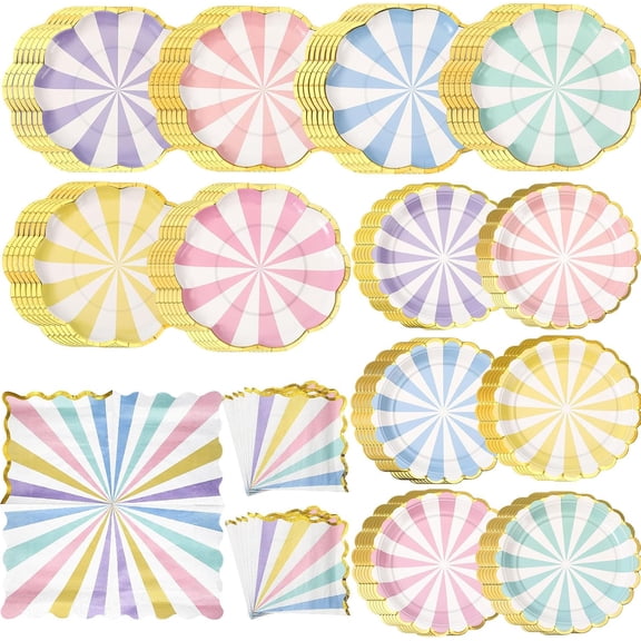 Pastel Striped Plates and Napkins Party Supplies Scalloped Carnival Paper Plates Napkins Colored Disposable Tableware for Bridal Shower Wedding