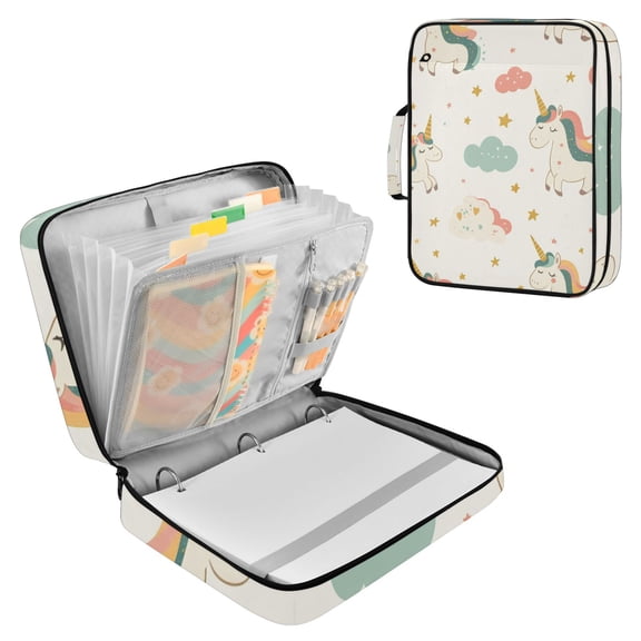 Pastel Style Stars Unicorns Clouds Cartoon Accordion File Organizer Expanding File Folder 3-Ring Binder Bag 500 Sheets A4 Size