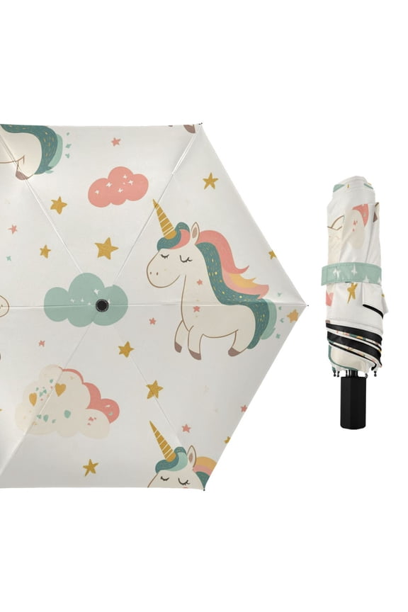 Pastel Style Stars Unicorns Clouds Cartoon All Weather Umbrella Triple Folding Parasol 6 Ribs UV Protection Portable