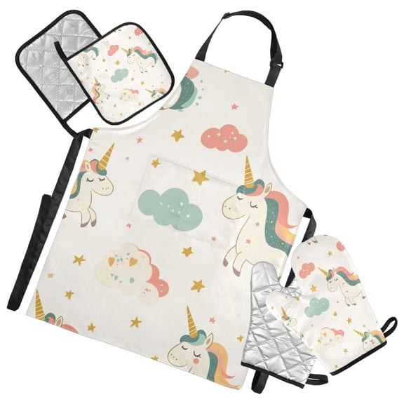 Pastel Style Stars Unicorns Clouds Cartoon Apron Set with Oven Mitts Pot Holders Set of 5 Kitchen Stuff Accessories